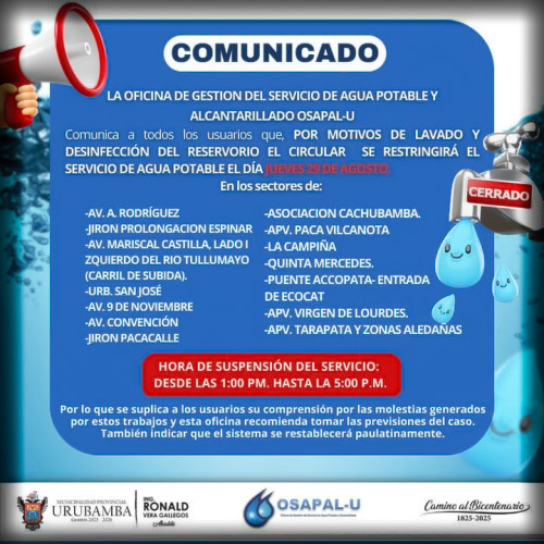 Restricción del servicio de agua en un sector de Urubamba